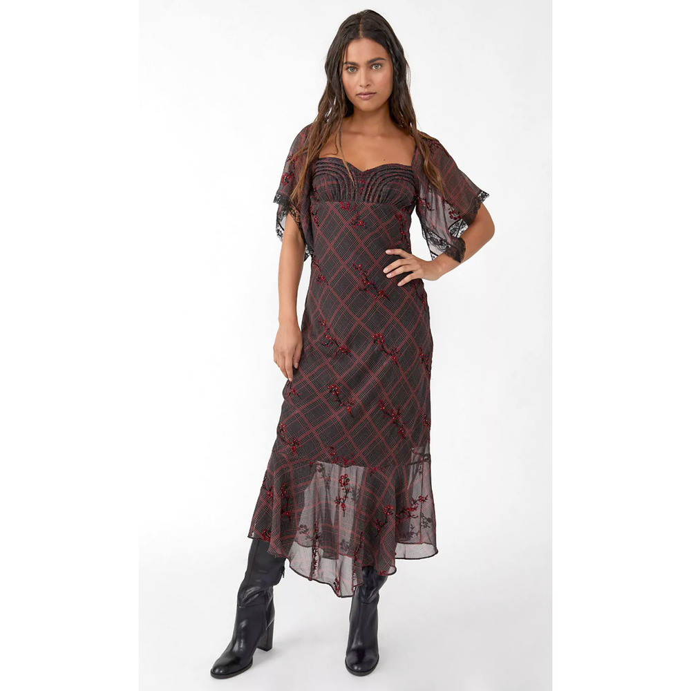 NEW FREE PEOPLE PLAID FALLEN FLOWERS MIDI DRESS SIZE 0